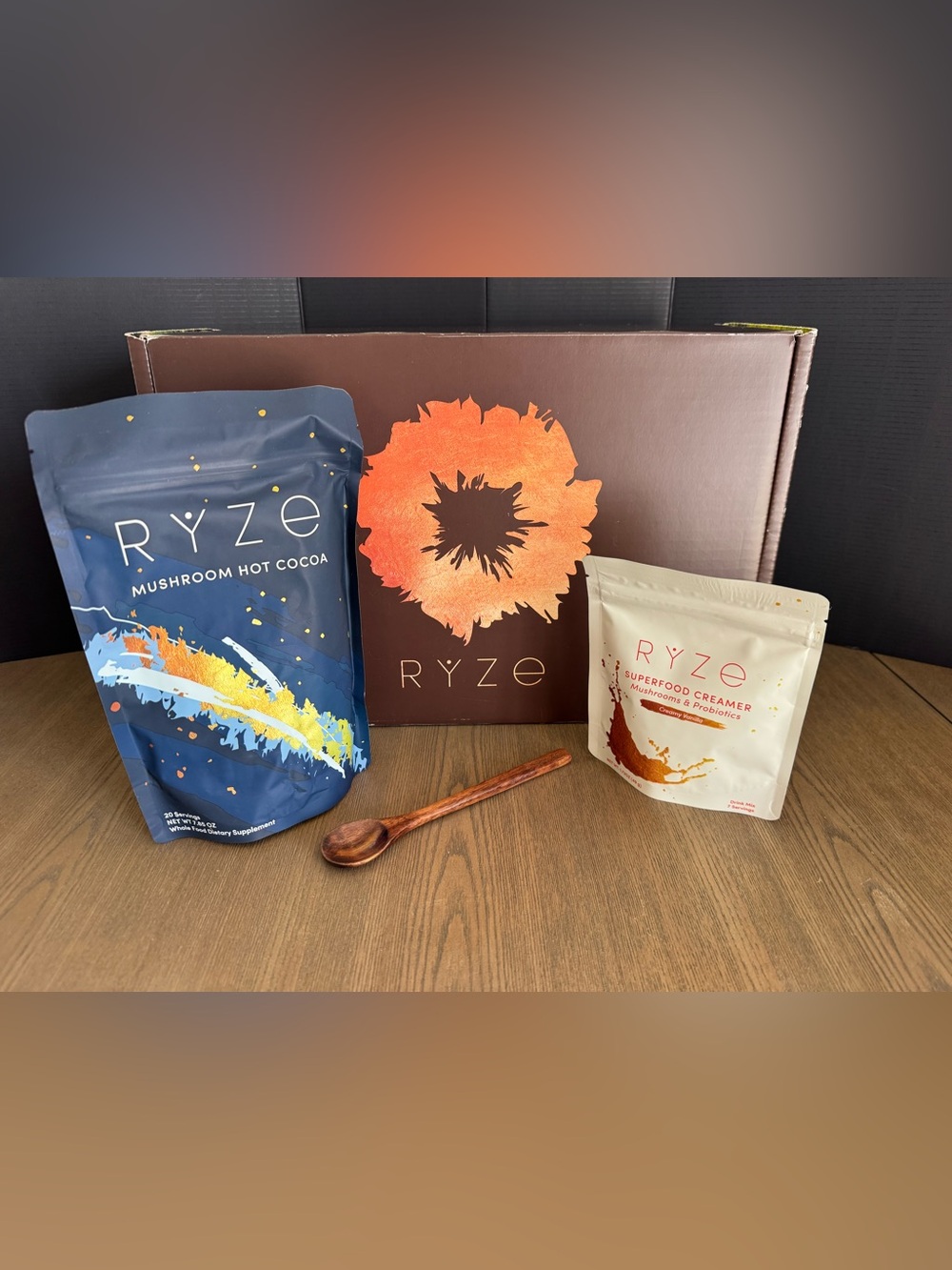 Mushroom one Hot Cocoa & Superfood Vanilla one Travel Size Creamer and one spoon